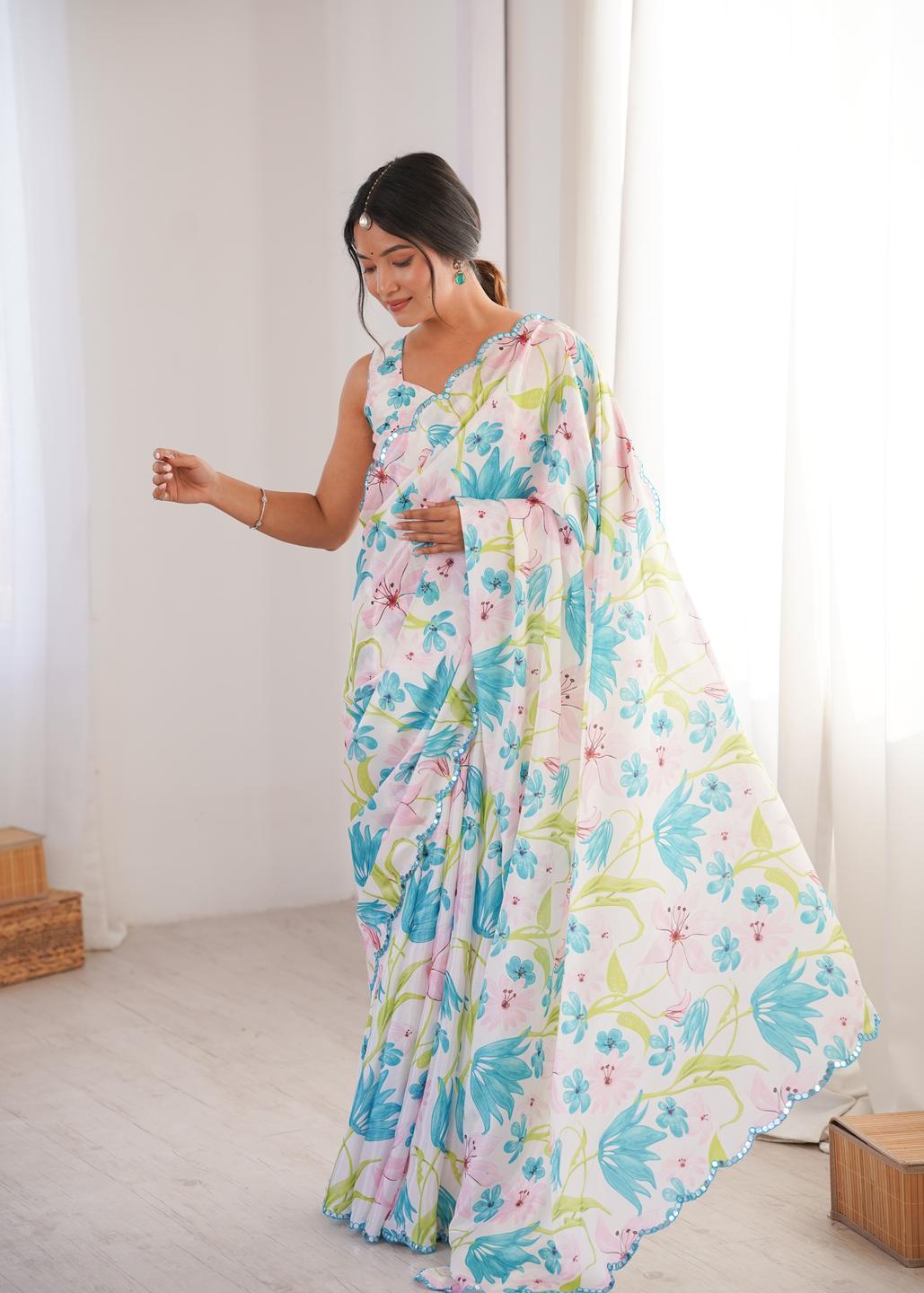 Urban Pallu Floral Sequinned Silk Blend Saree