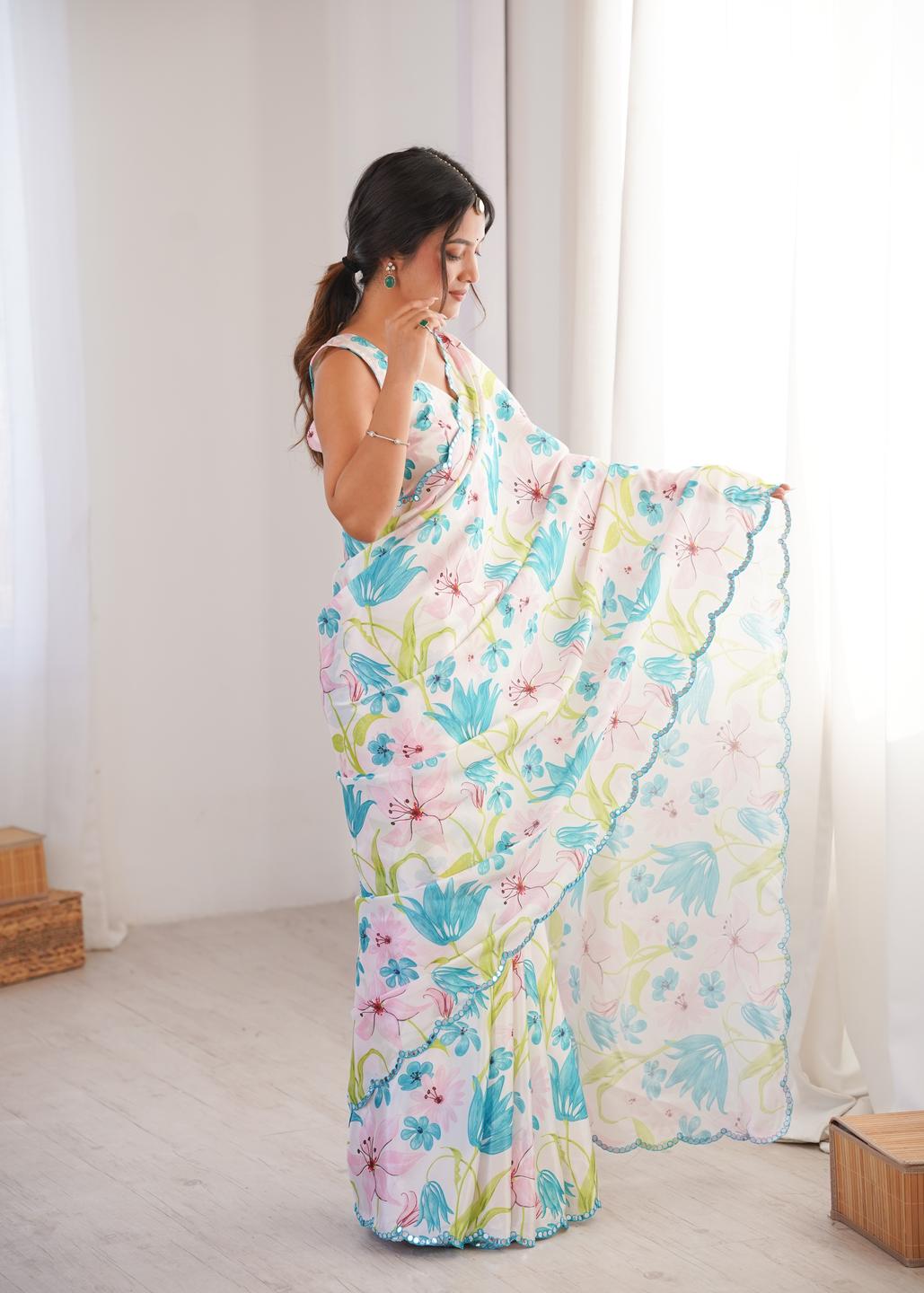 Urban Pallu Floral Sequinned Silk Blend Saree