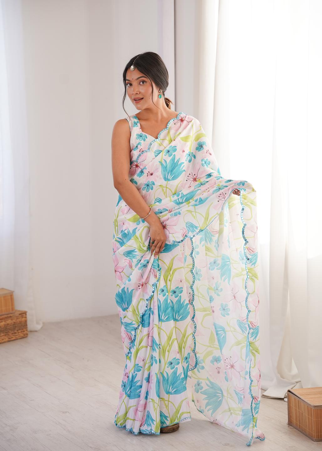 Urban Pallu Floral Sequinned Silk Blend Saree