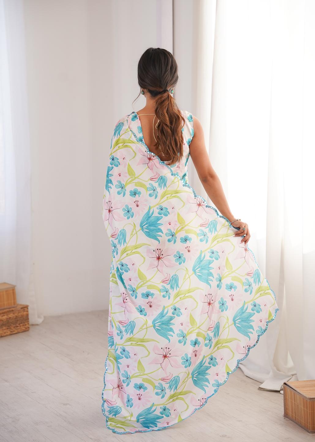 Urban Pallu Floral Sequinned Silk Blend Saree