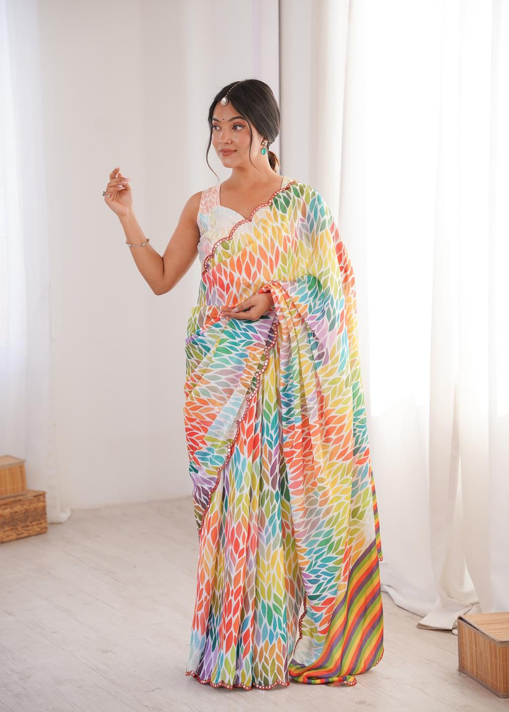 Urban Pallu Mirror Work Silk Blend Fusion Saree