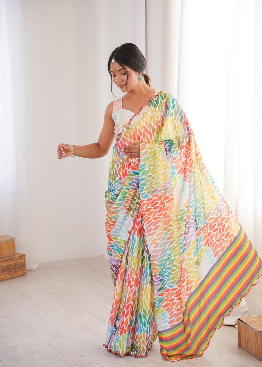 Urban Pallu Mirror Work Silk Blend Fusion Saree