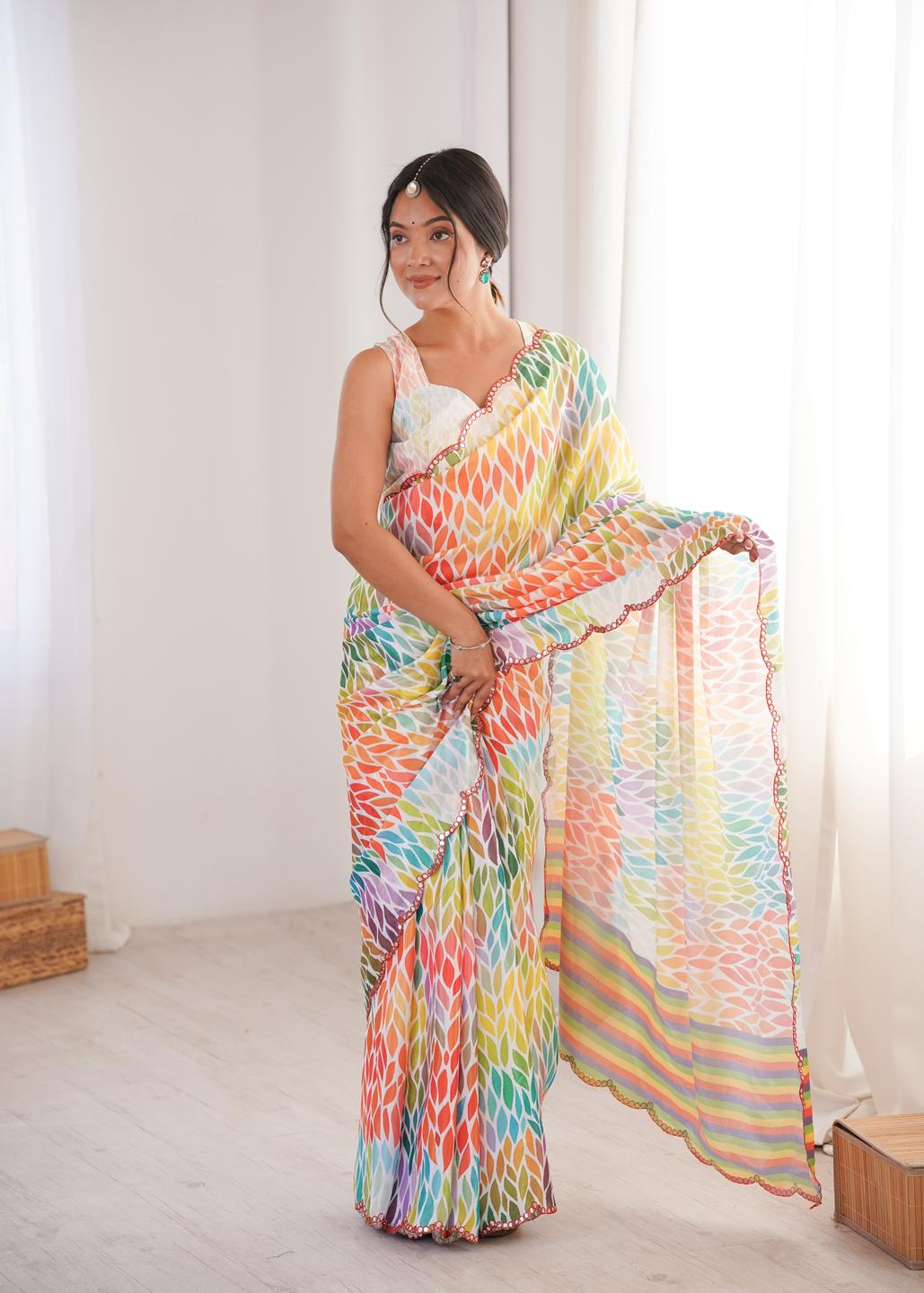 Urban Pallu Mirror Work Silk Blend Fusion Saree
