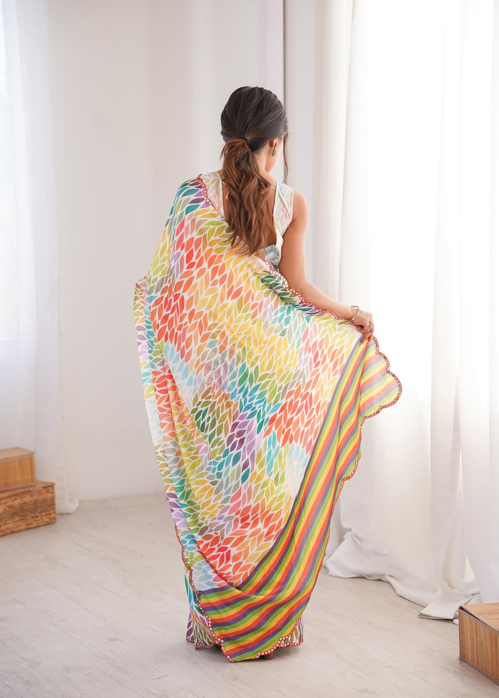 Urban Pallu Mirror Work Silk Blend Fusion Saree