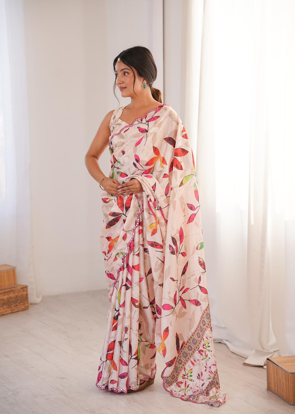 Urban Pallu Floral Mirror Work Silk Blend Fusion Saree