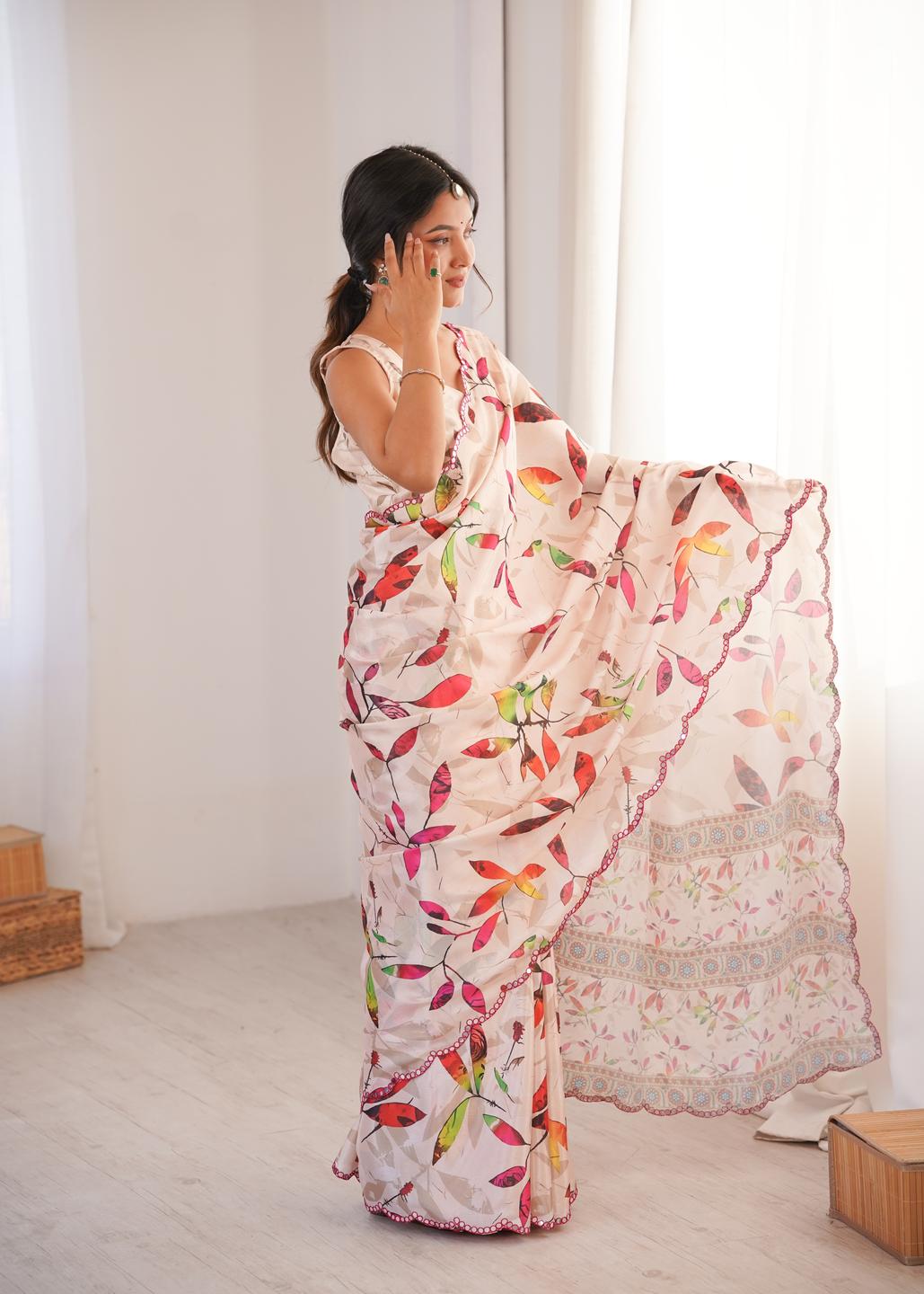Urban Pallu Floral Mirror Work Silk Blend Fusion Saree
