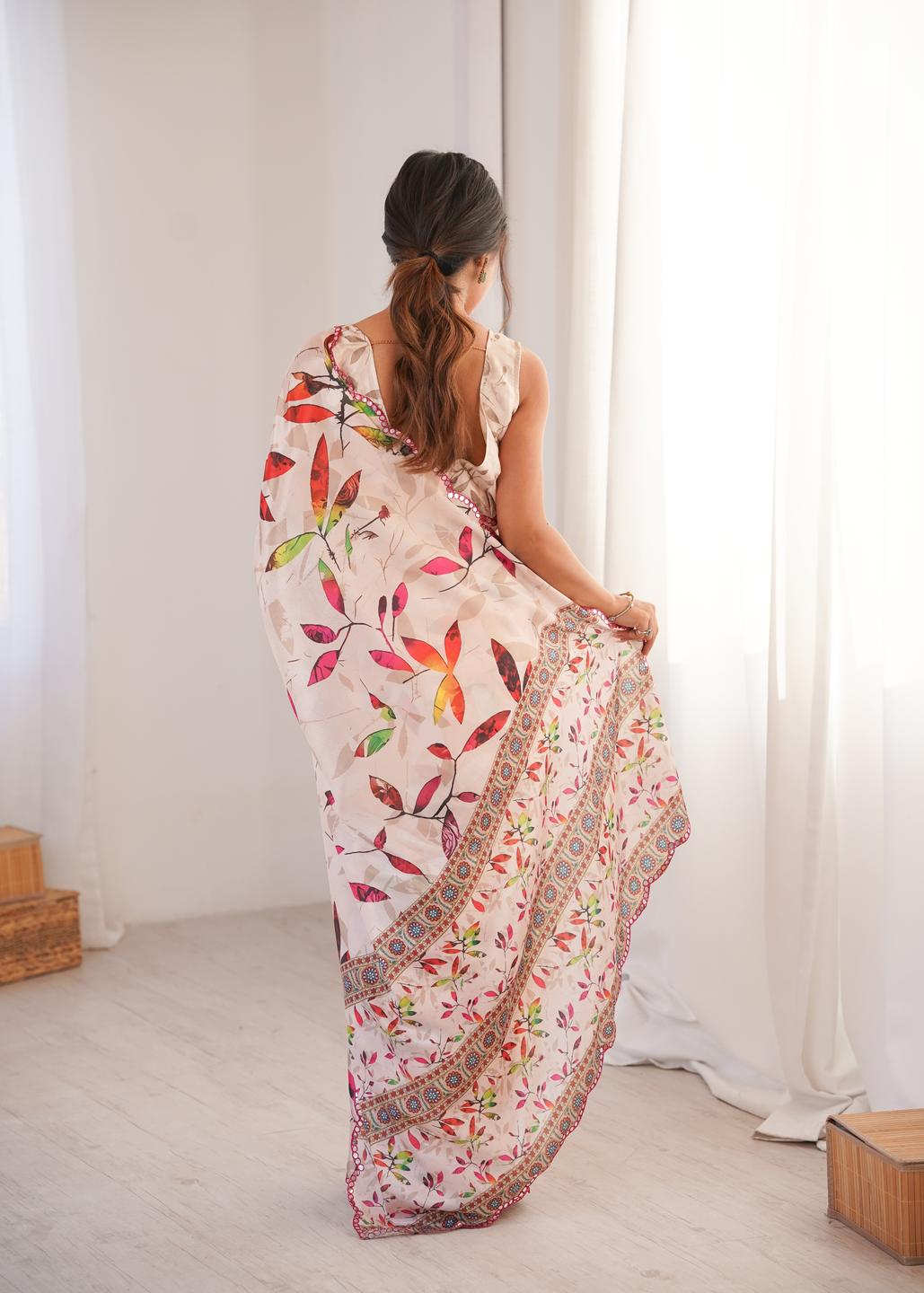 Urban Pallu Floral Mirror Work Silk Blend Fusion Saree