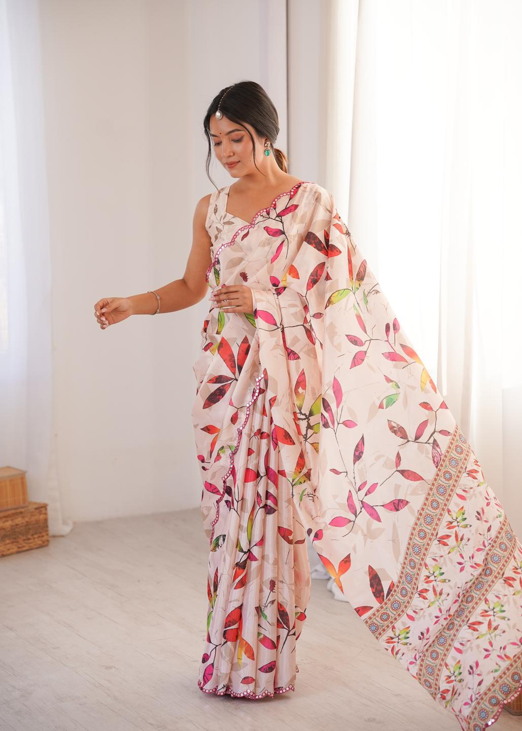 Urban Pallu Floral Mirror Work Silk Blend Fusion Saree