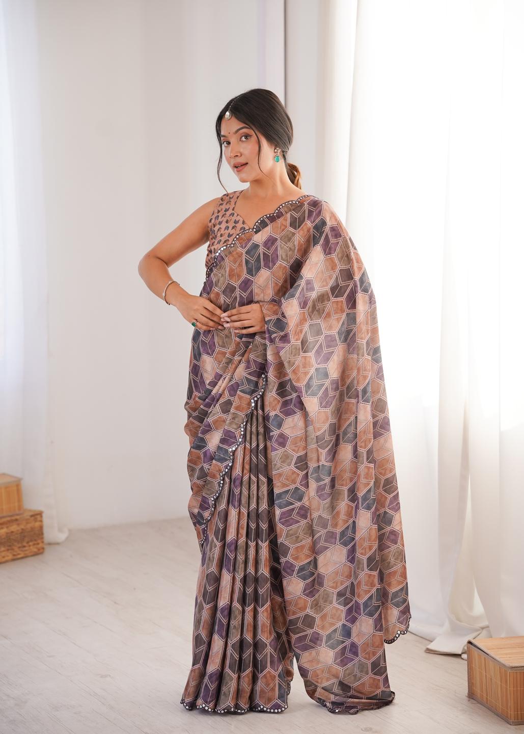 Urban Pallu Mirror Work Silk Blend Saree