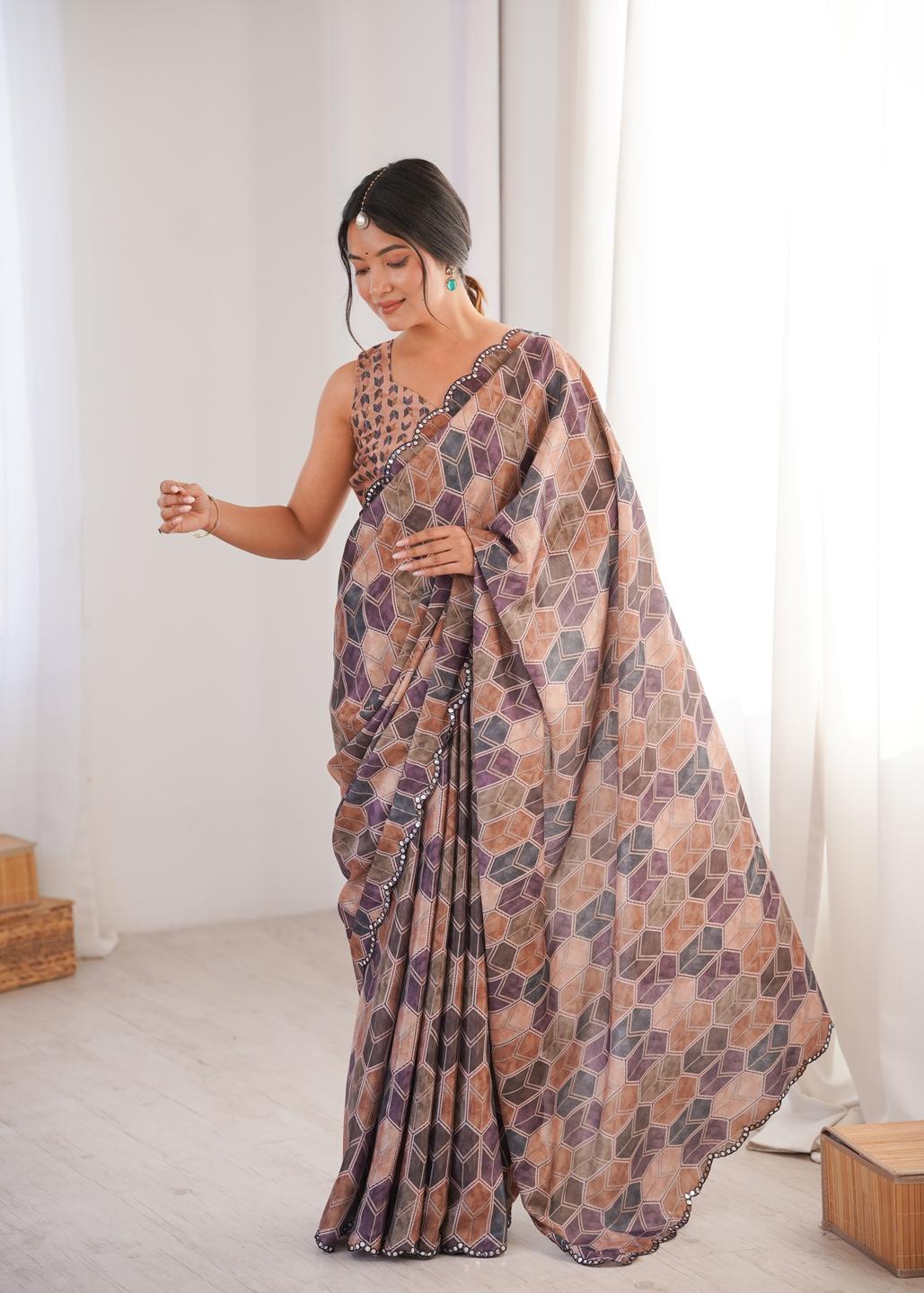 Urban Pallu Mirror Work Silk Blend Saree