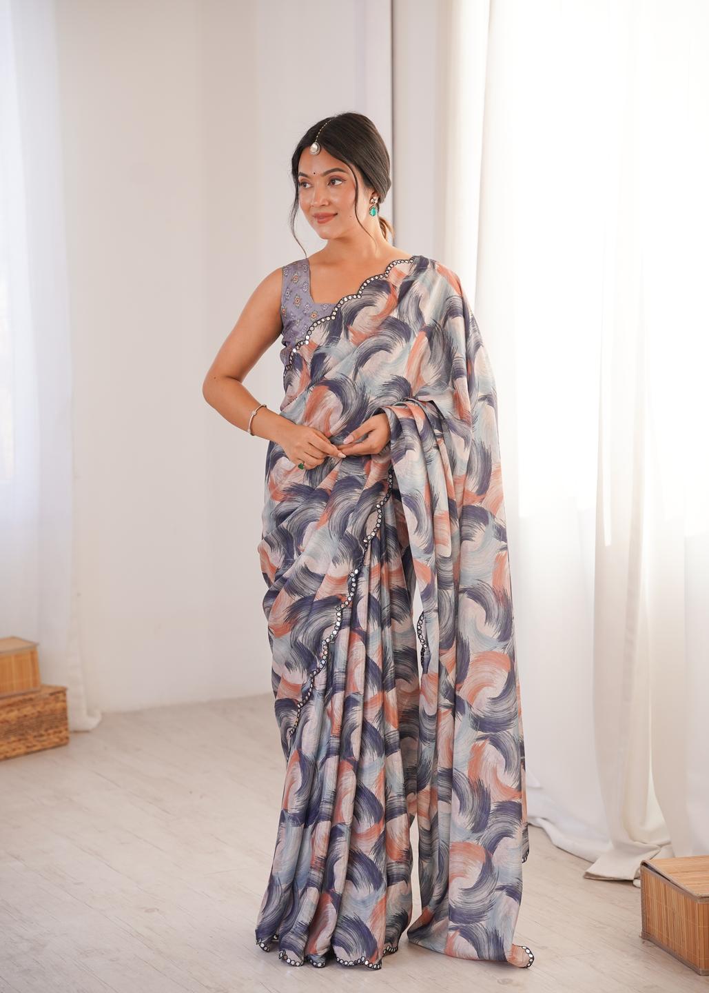 Urban Pallu Mirror Work Silk Blend Saree