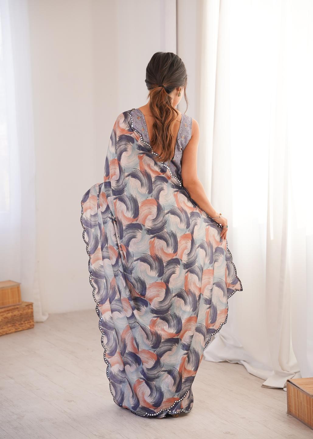 Urban Pallu Mirror Work Silk Blend Saree