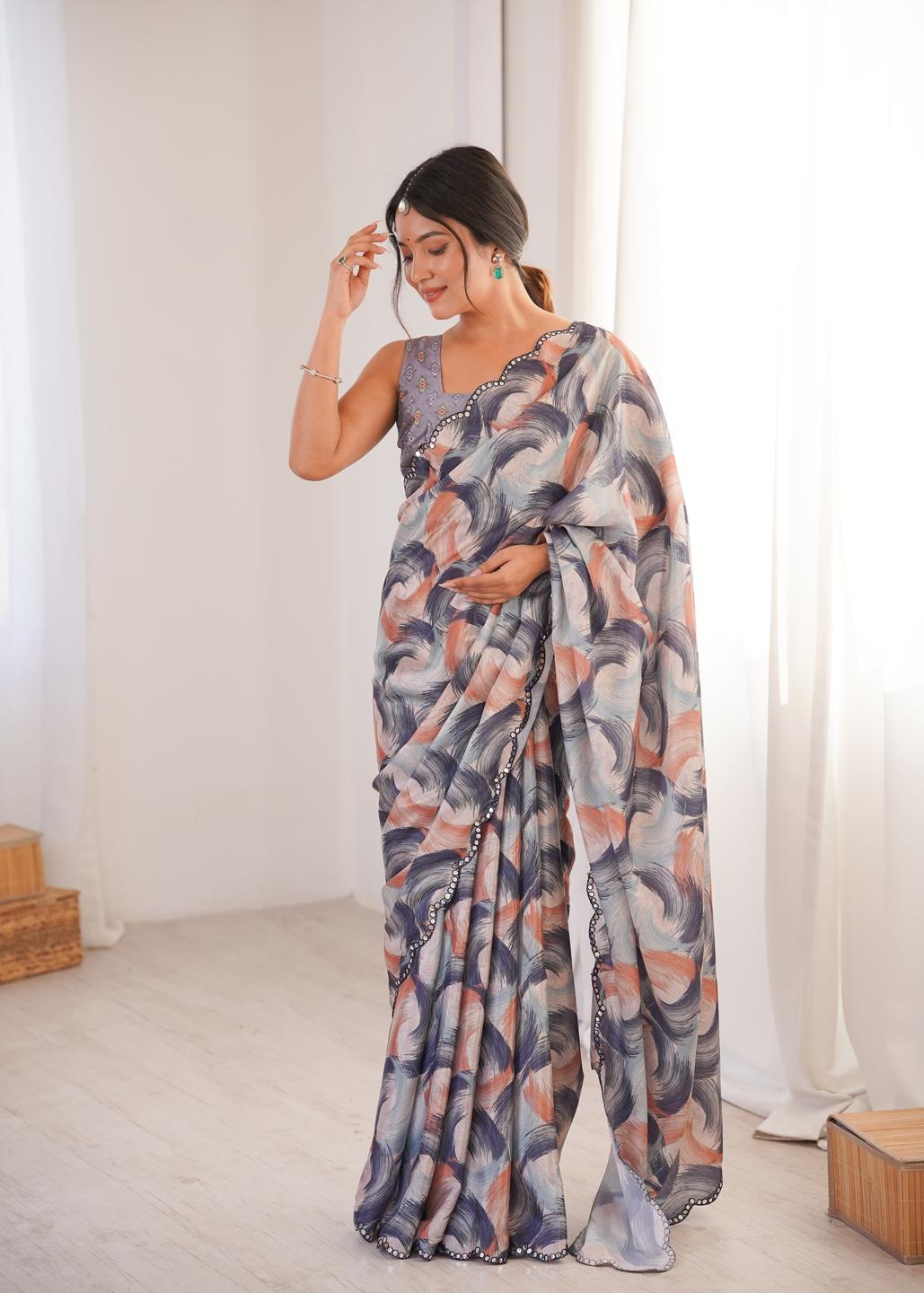 Urban Pallu Mirror Work Silk Blend Saree