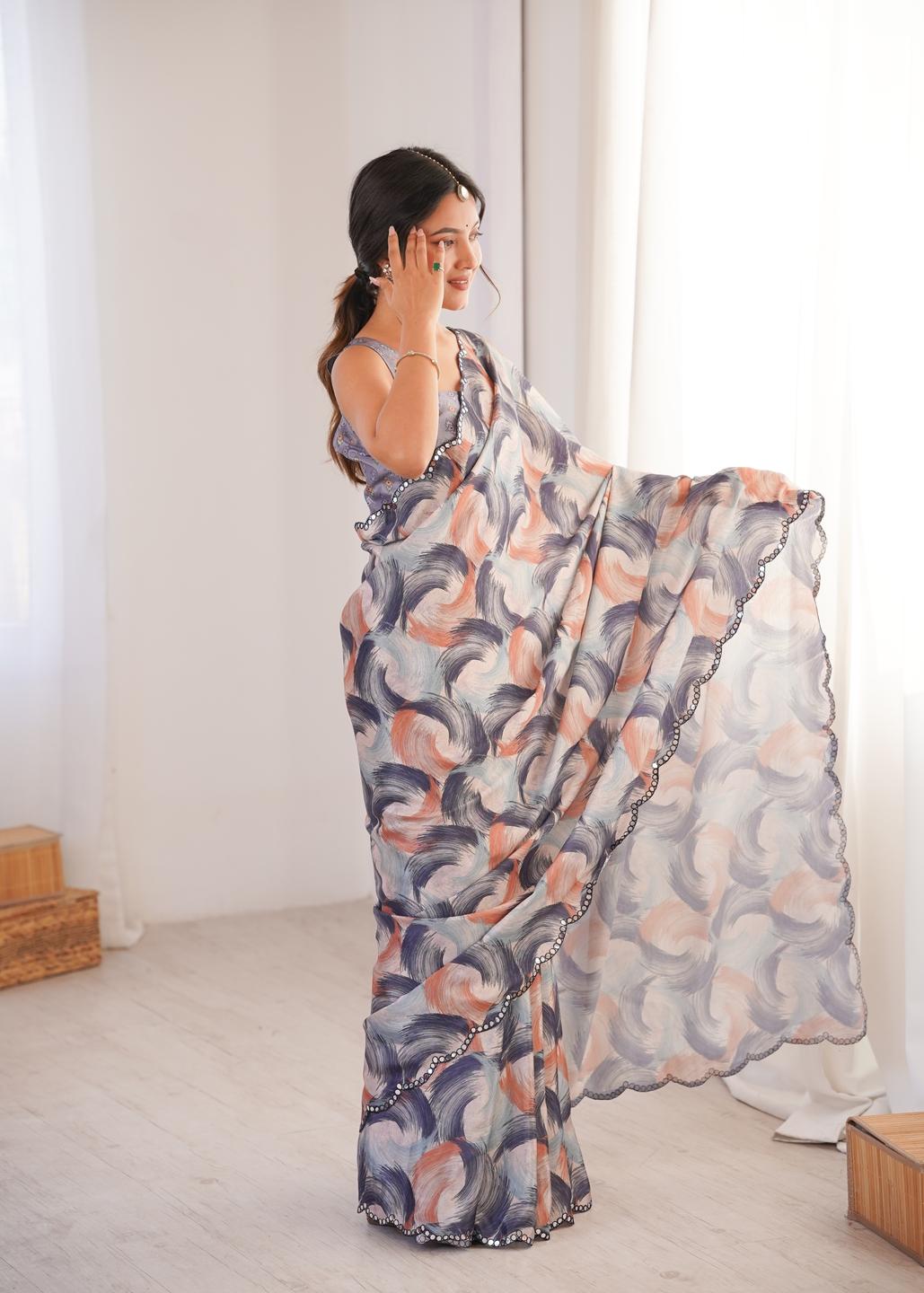 Urban Pallu Mirror Work Silk Blend Saree