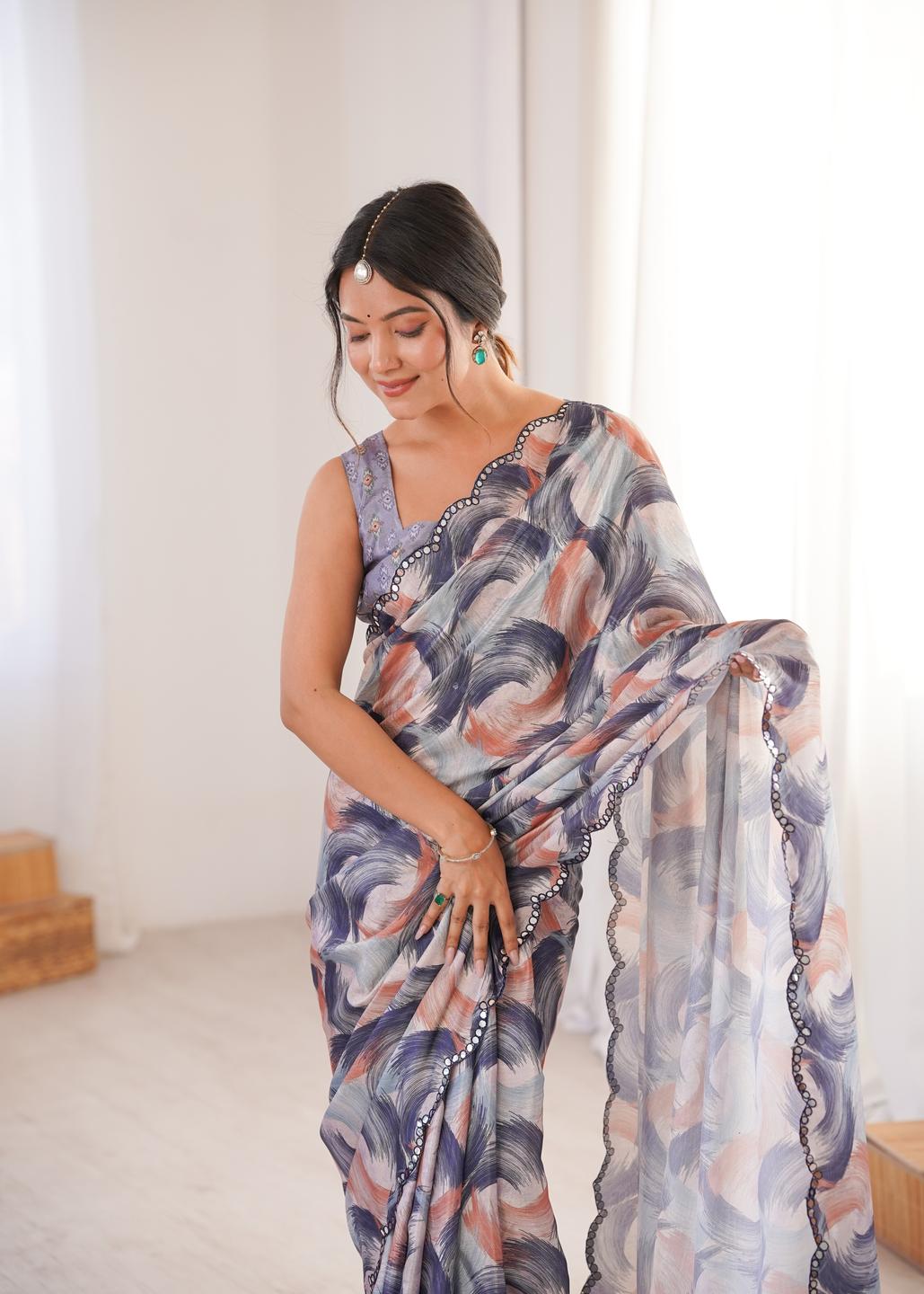 Urban Pallu Mirror Work Silk Blend Saree