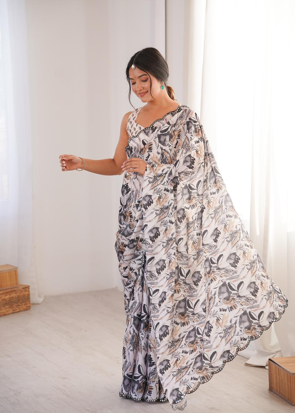 Urban Pallu Floral Mirror Work Silk Blend Fusion Saree