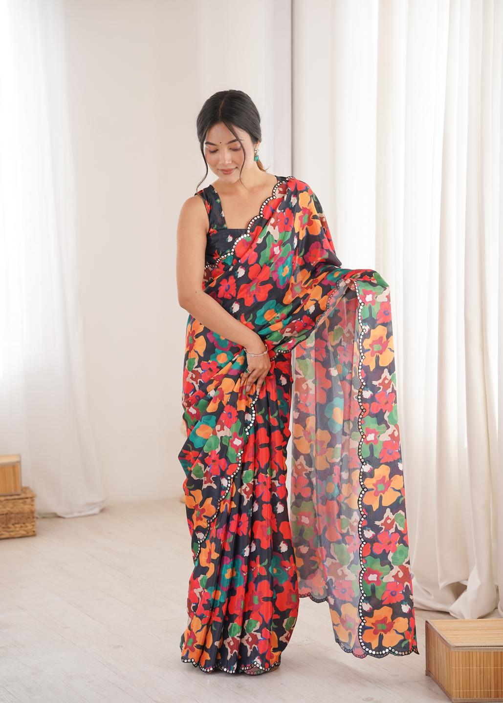 Urban Pallu Floral Beads and Stones Silk Blend Fusion Saree