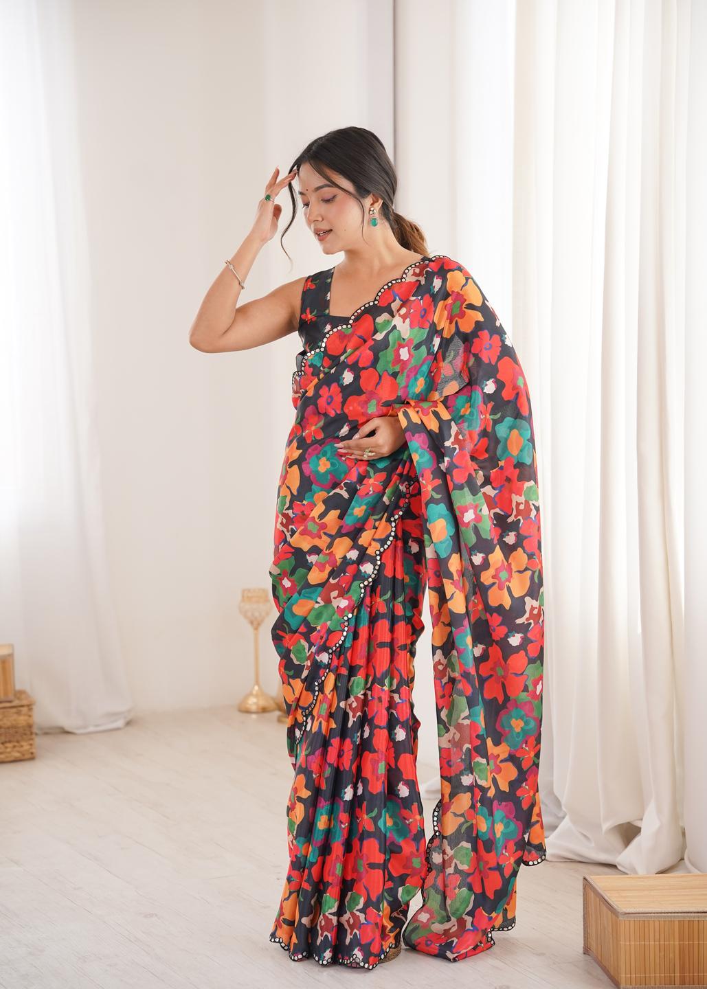 Urban Pallu Floral Beads and Stones Silk Blend Fusion Saree