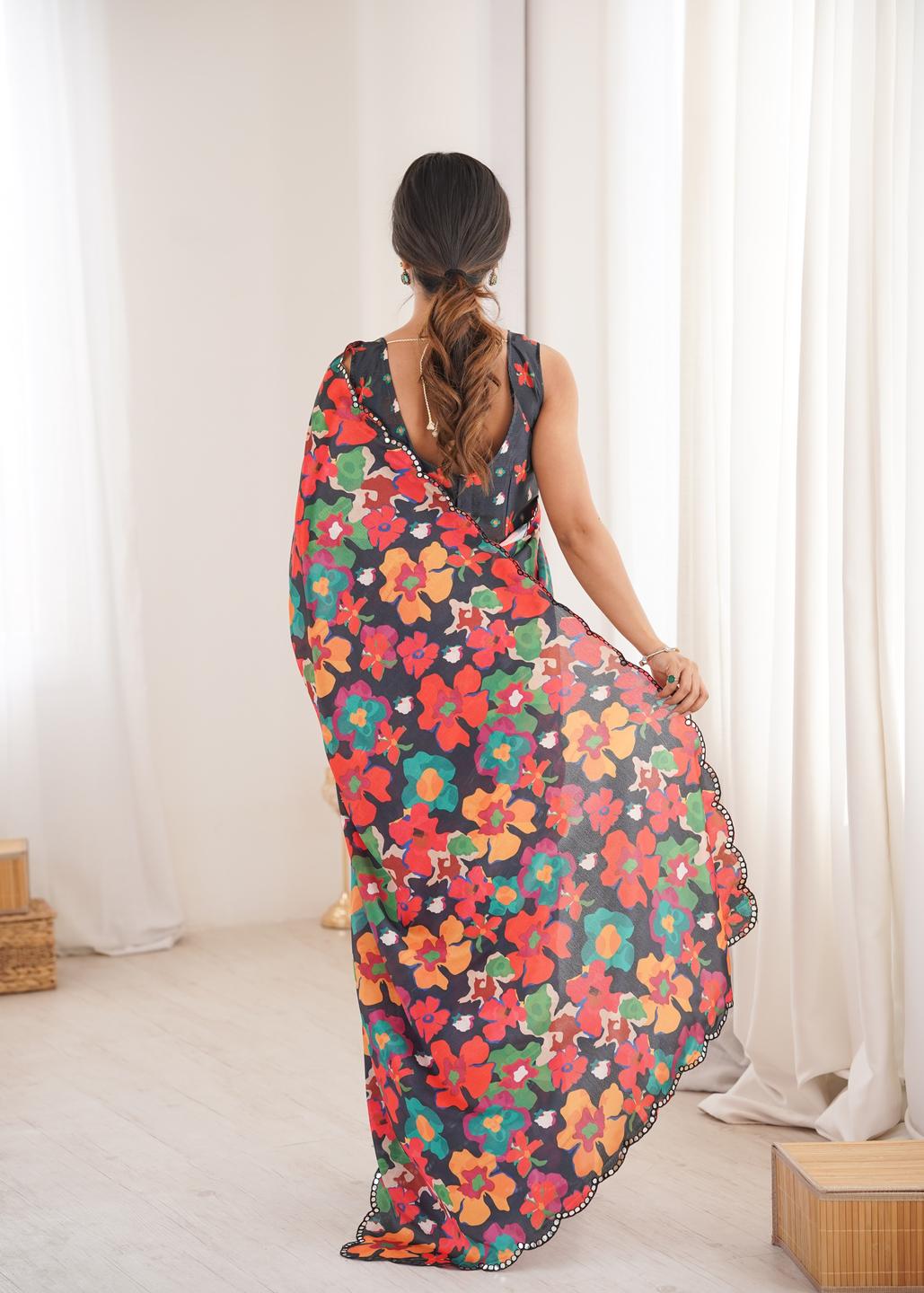 Urban Pallu Floral Beads and Stones Silk Blend Fusion Saree