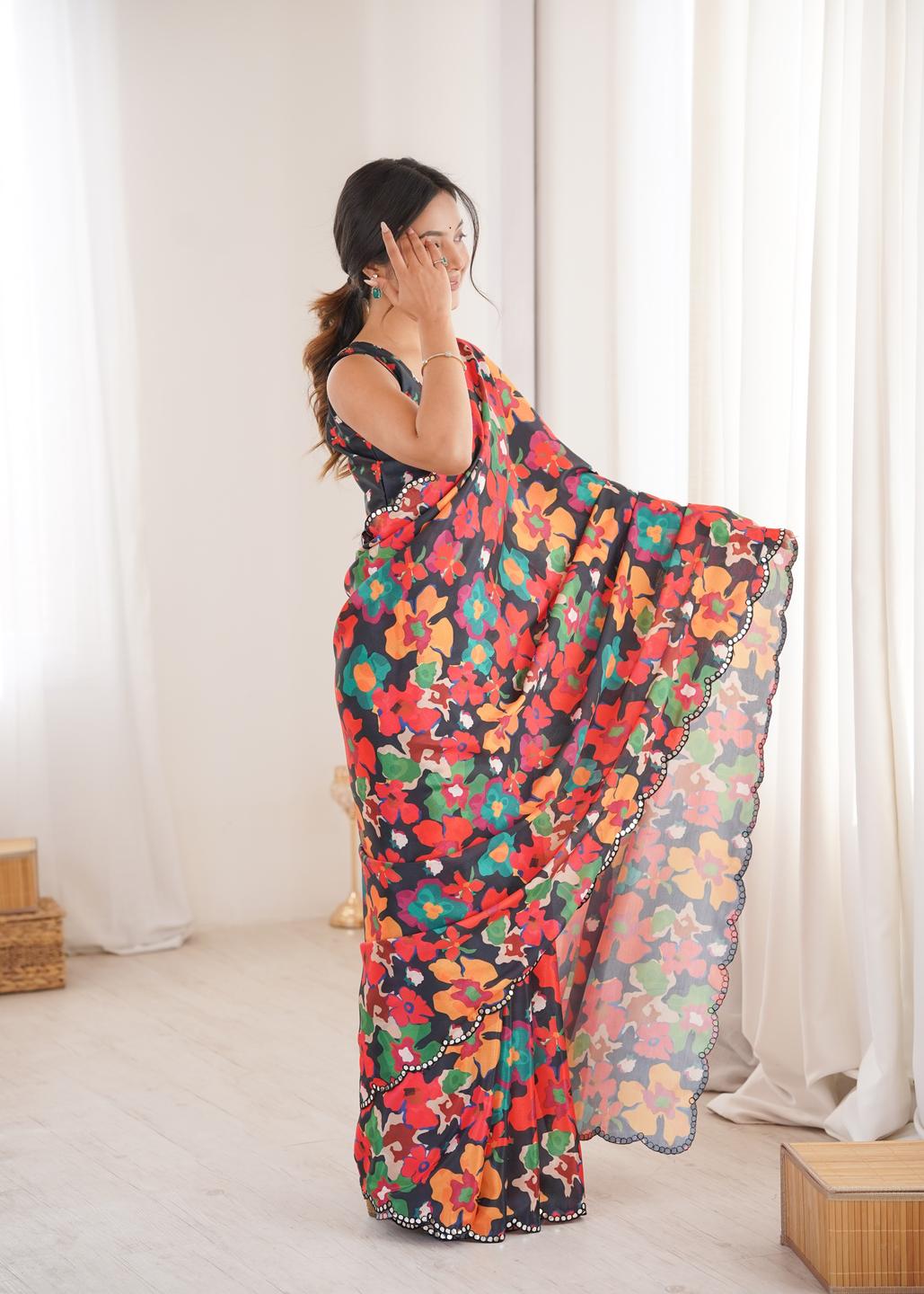 Urban Pallu Floral Beads and Stones Silk Blend Fusion Saree