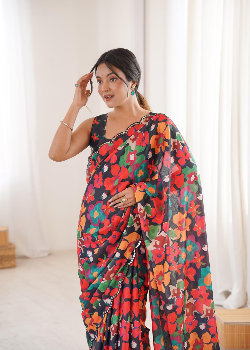 Urban Pallu Floral Beads and Stones Silk Blend Fusion Saree