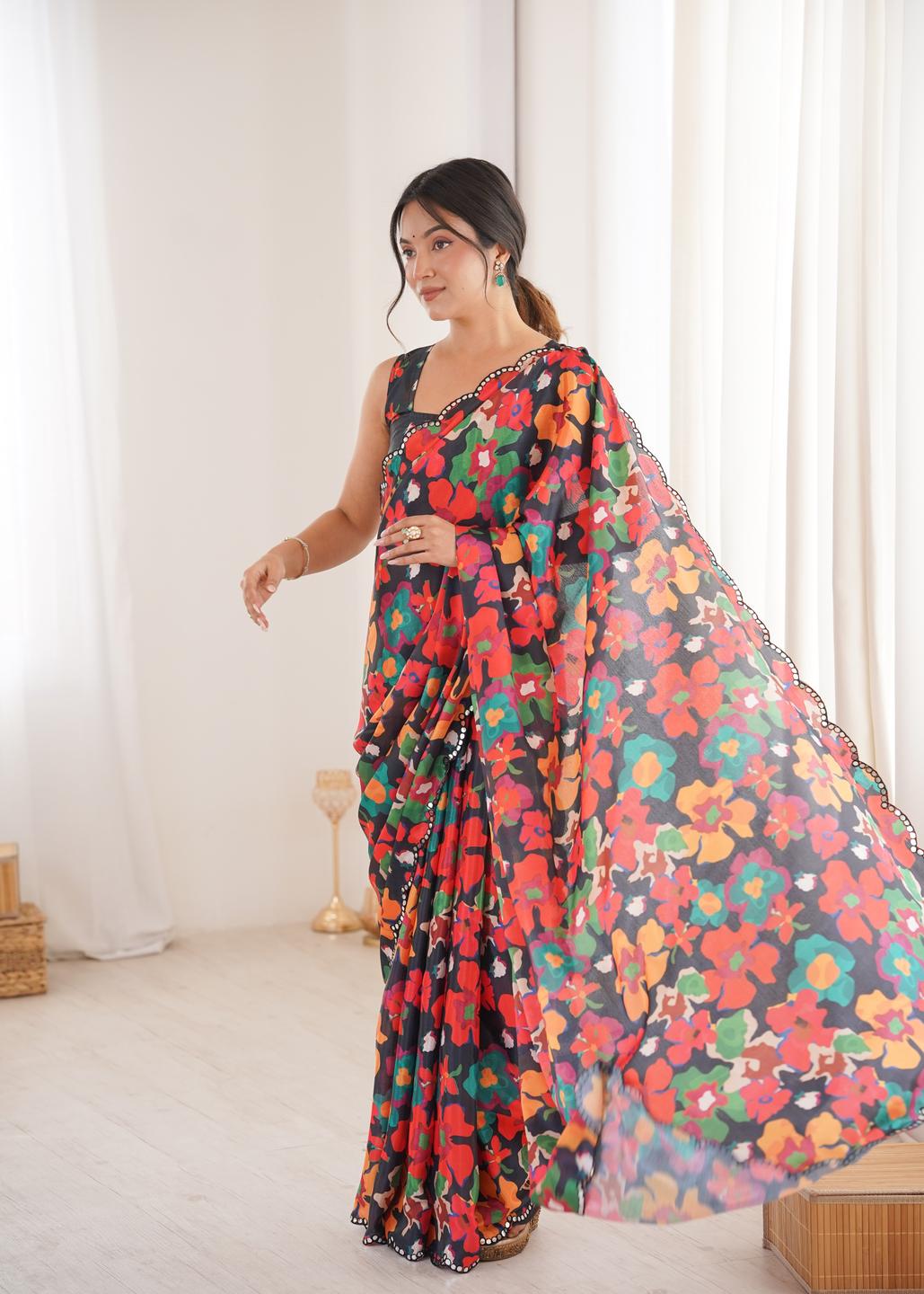 Urban Pallu Floral Beads and Stones Silk Blend Fusion Saree