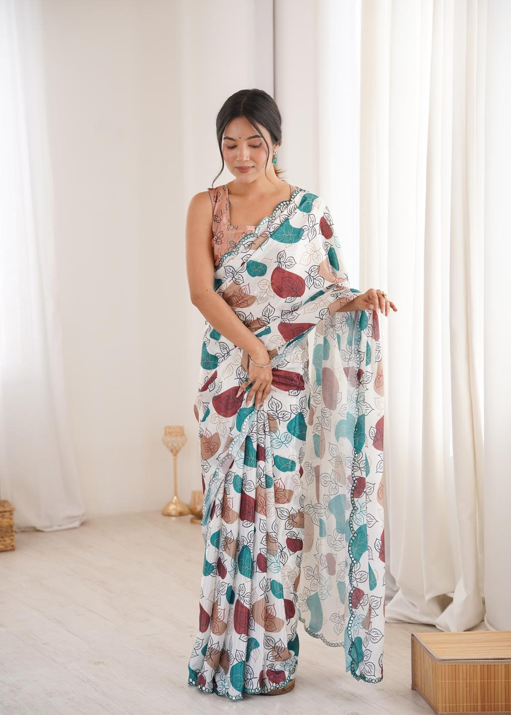 Urban Pallu Floral Mirror Work Silk Blend Fusion Saree