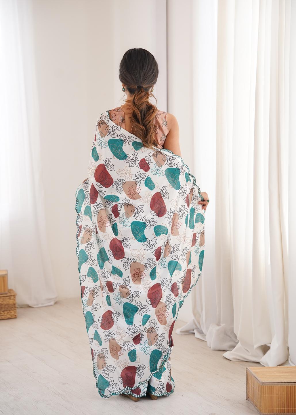 Urban Pallu Floral Mirror Work Silk Blend Fusion Saree