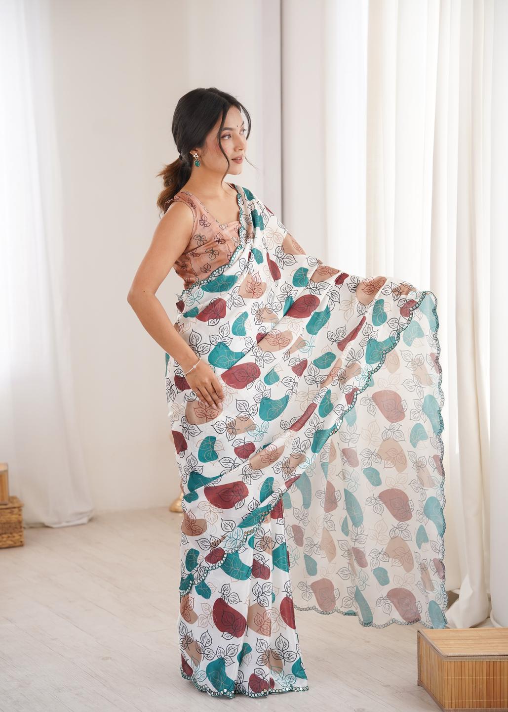 Urban Pallu Floral Mirror Work Silk Blend Fusion Saree