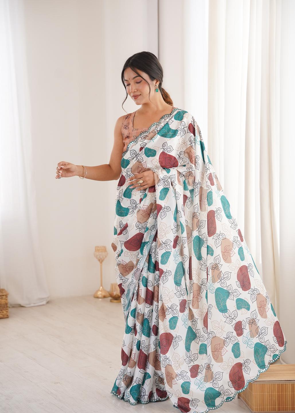 Urban Pallu Floral Mirror Work Silk Blend Fusion Saree