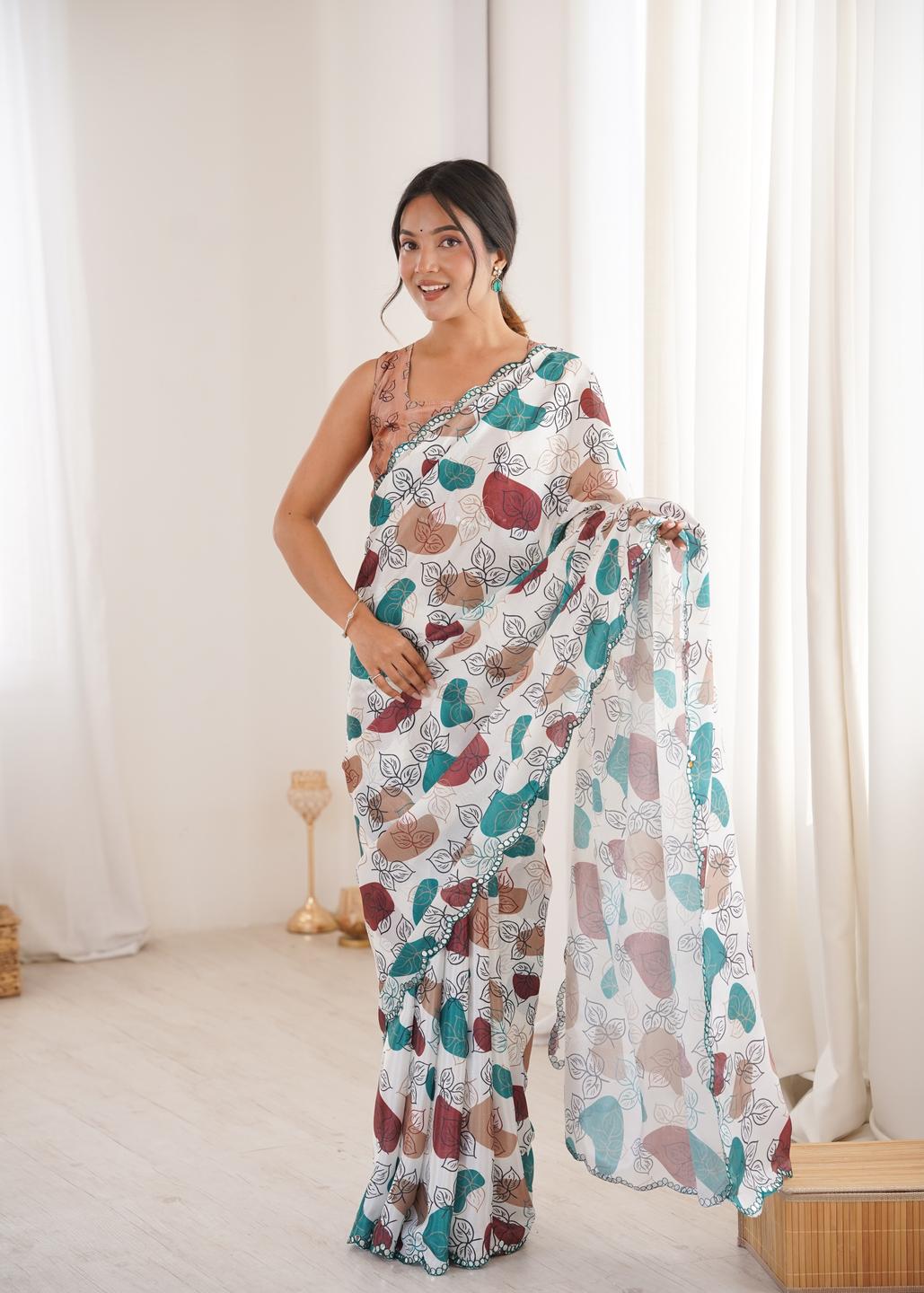 Urban Pallu Floral Mirror Work Silk Blend Fusion Saree