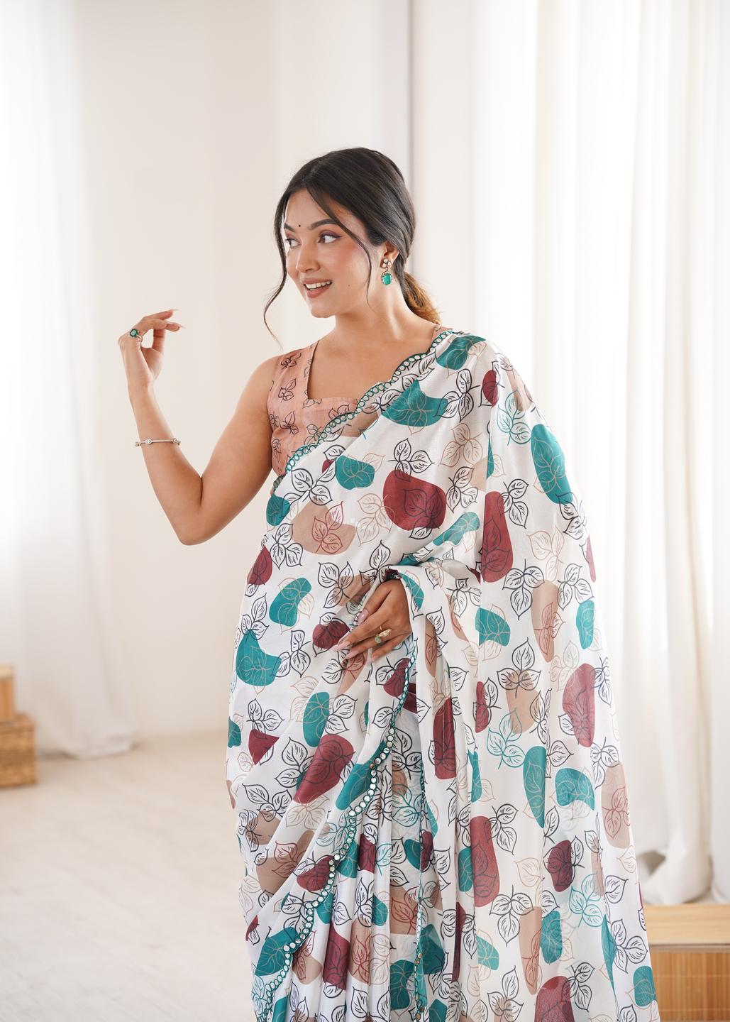 Urban Pallu Floral Mirror Work Silk Blend Fusion Saree