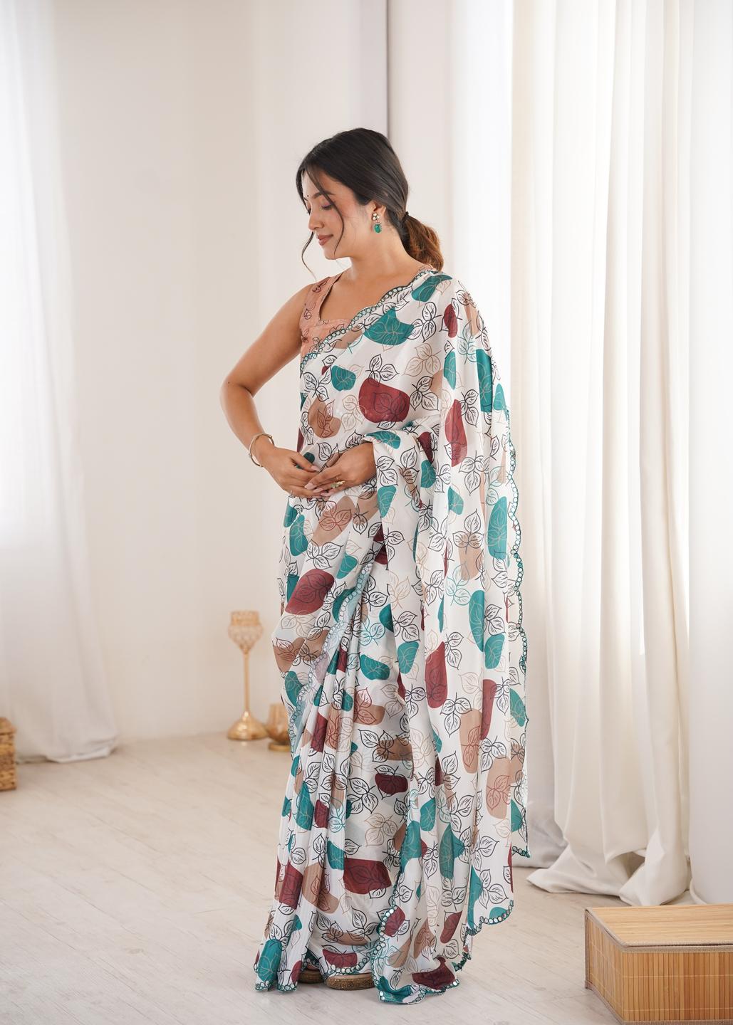 Urban Pallu Floral Mirror Work Silk Blend Fusion Saree