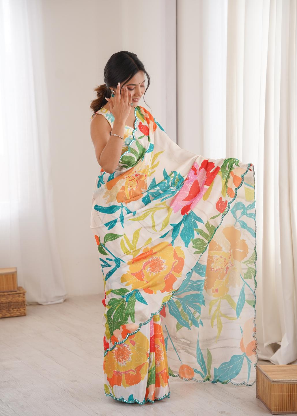 Urban Pallu Floral Sequinned Silk Blend Fusion Saree