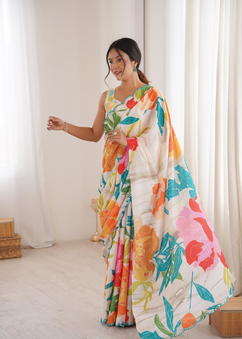 Urban Pallu Floral Sequinned Silk Blend Fusion Saree
