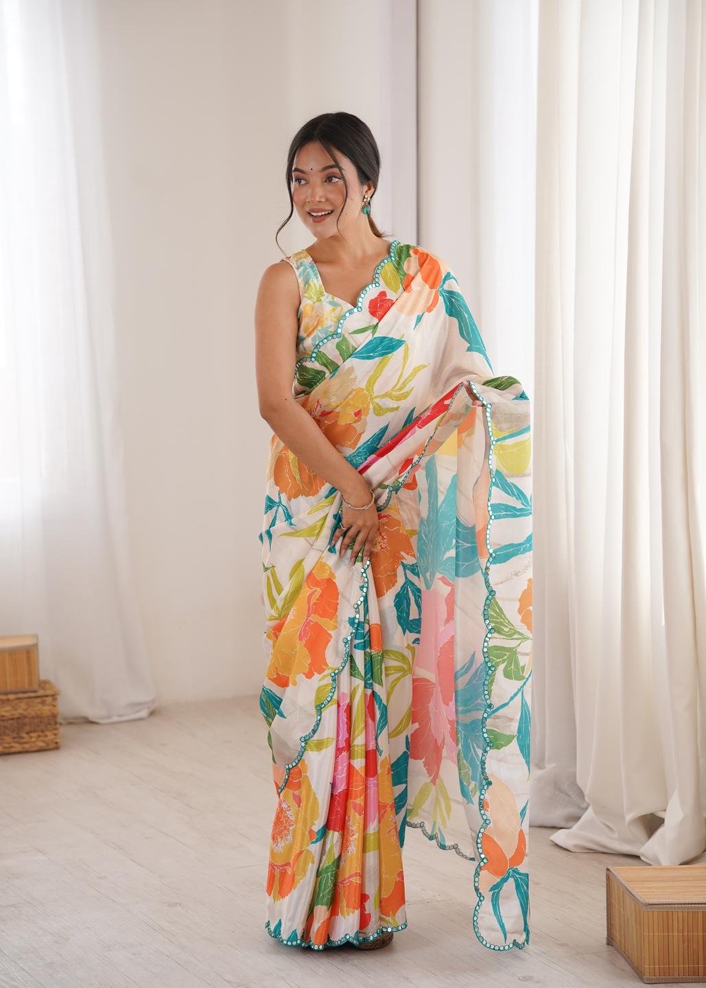 Urban Pallu Floral Sequinned Silk Blend Fusion Saree