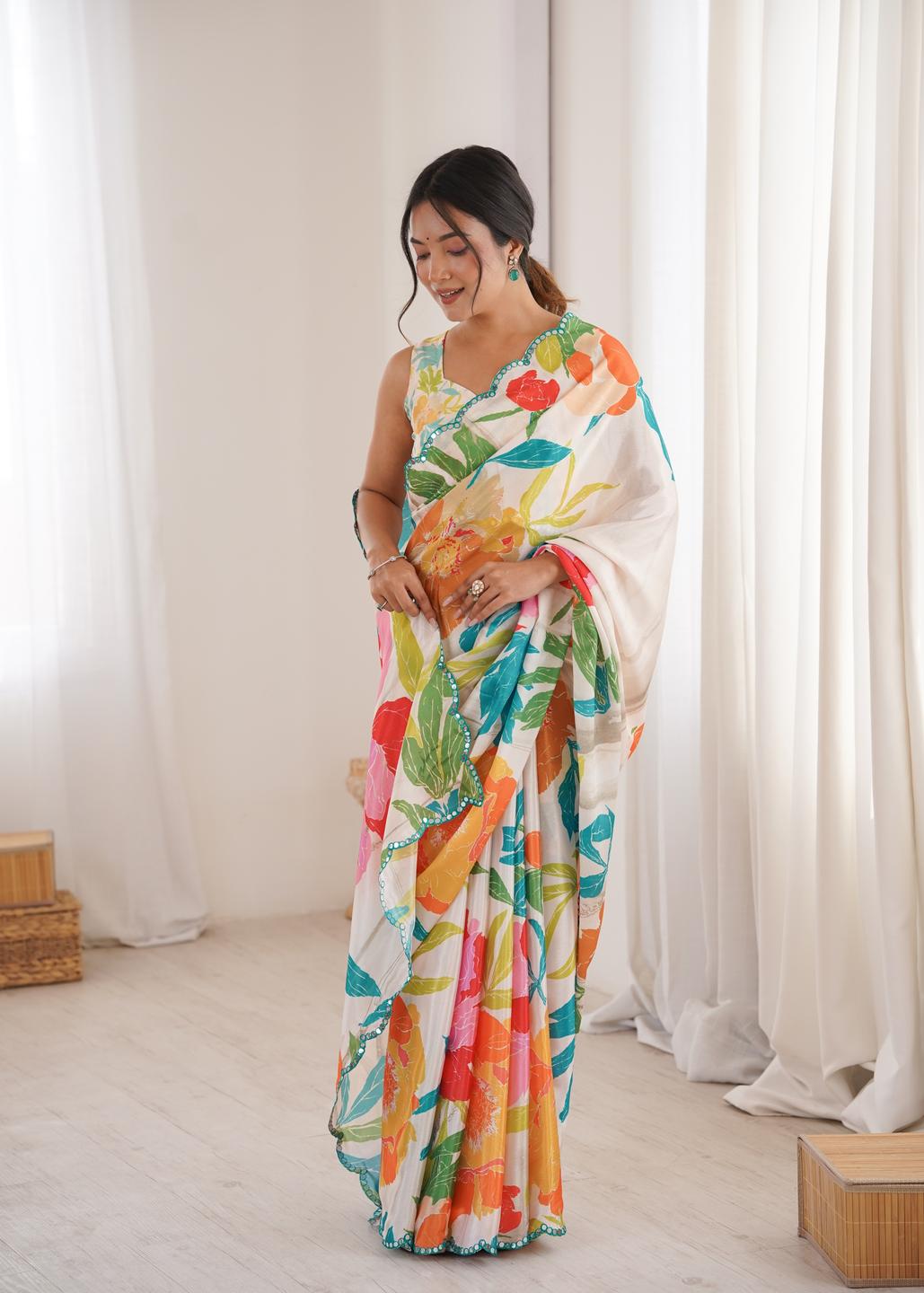 Urban Pallu Floral Sequinned Silk Blend Fusion Saree