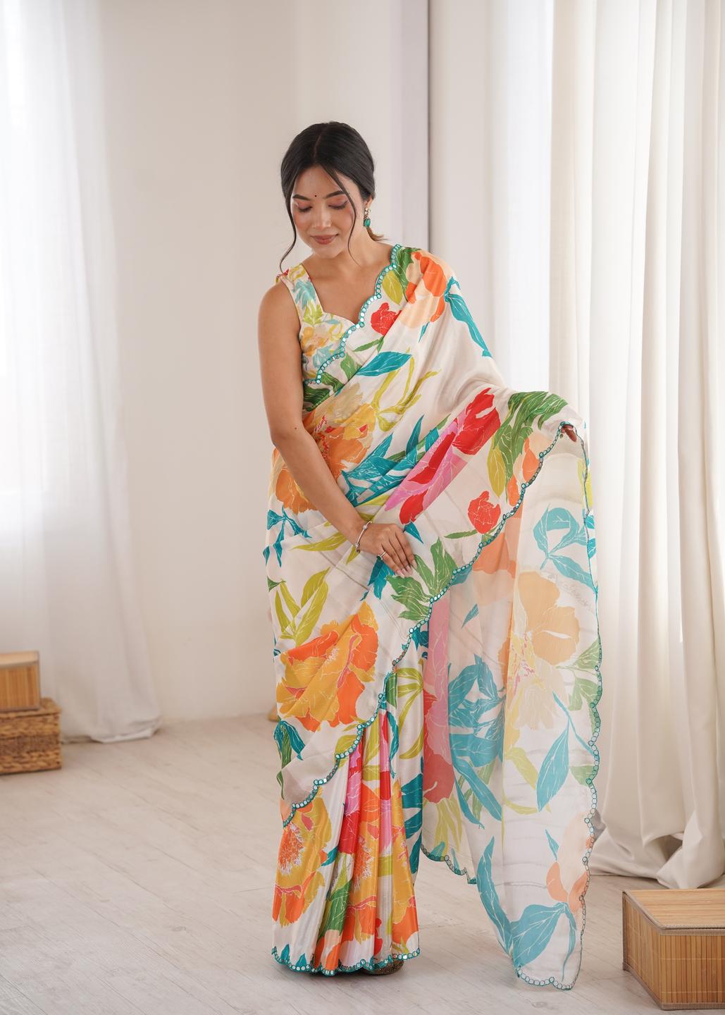 Urban Pallu Floral Sequinned Silk Blend Fusion Saree