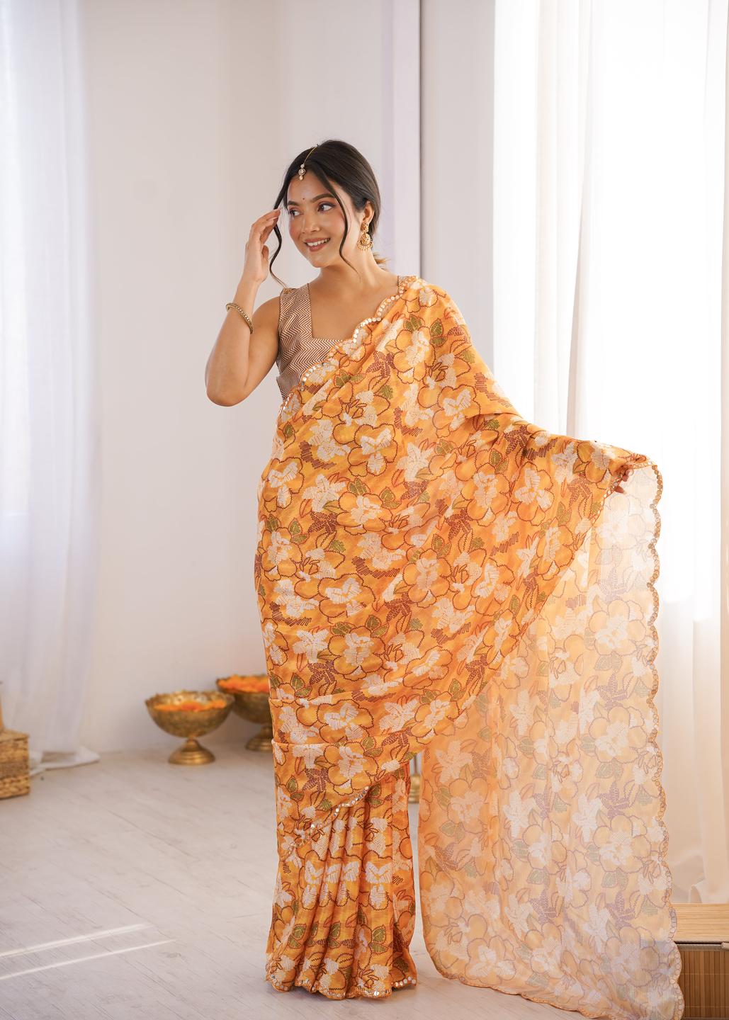 Urban Pallu Floral Sequinned Silk Blend Fusion Saree