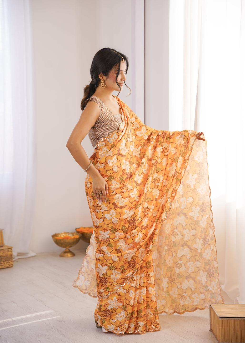 Urban Pallu Floral Sequinned Silk Blend Fusion Saree