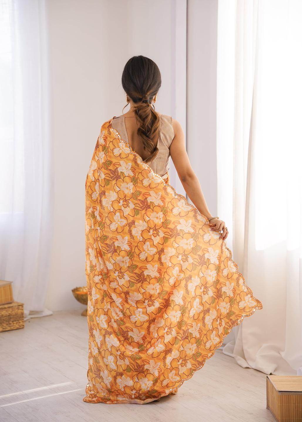 Urban Pallu Floral Sequinned Silk Blend Fusion Saree