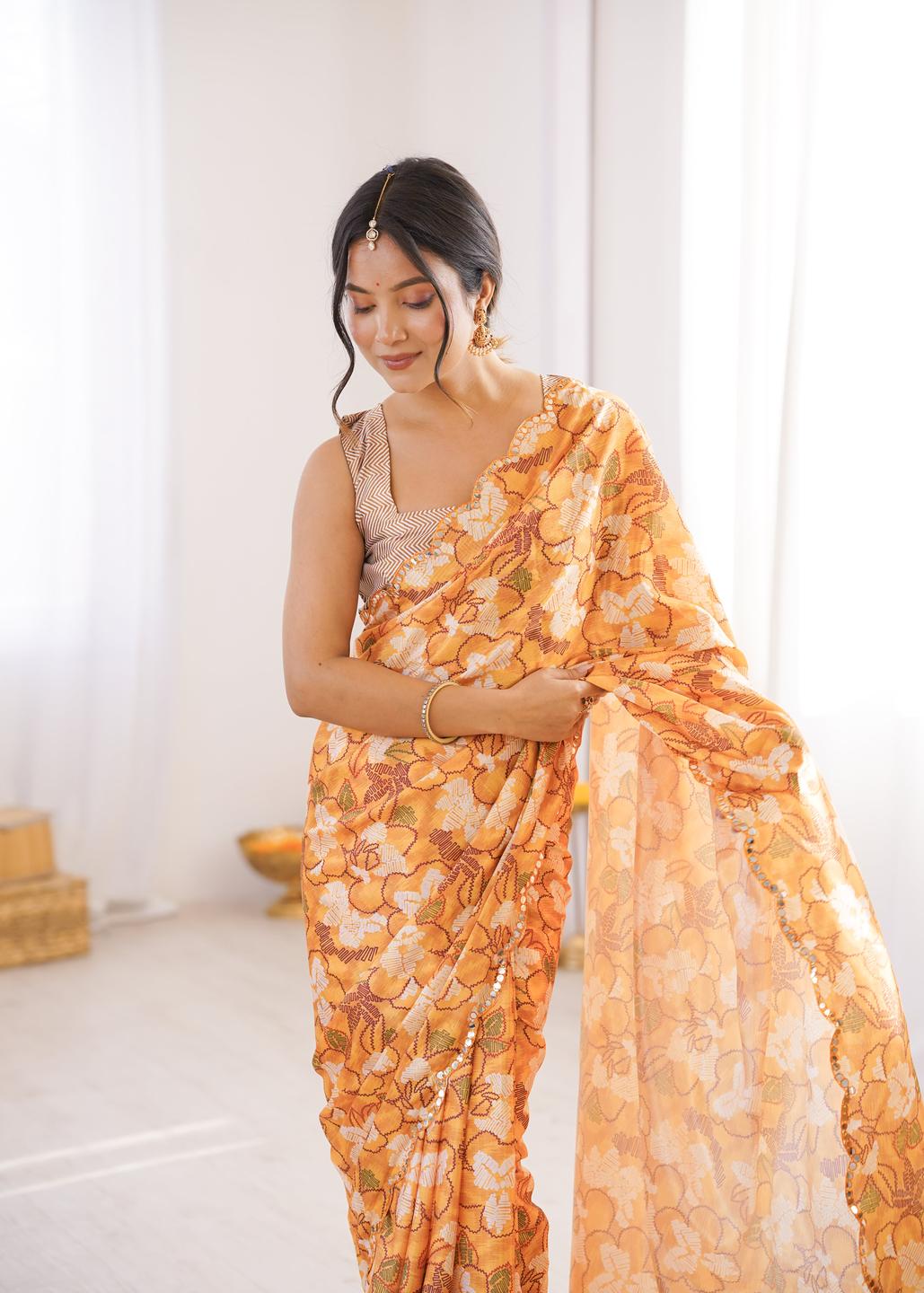 Urban Pallu Floral Sequinned Silk Blend Fusion Saree