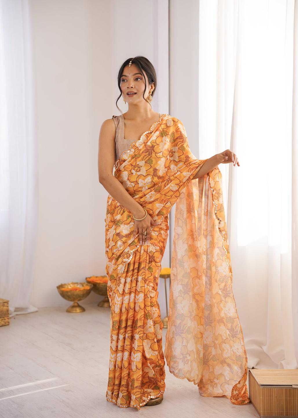 Urban Pallu Floral Sequinned Silk Blend Fusion Saree