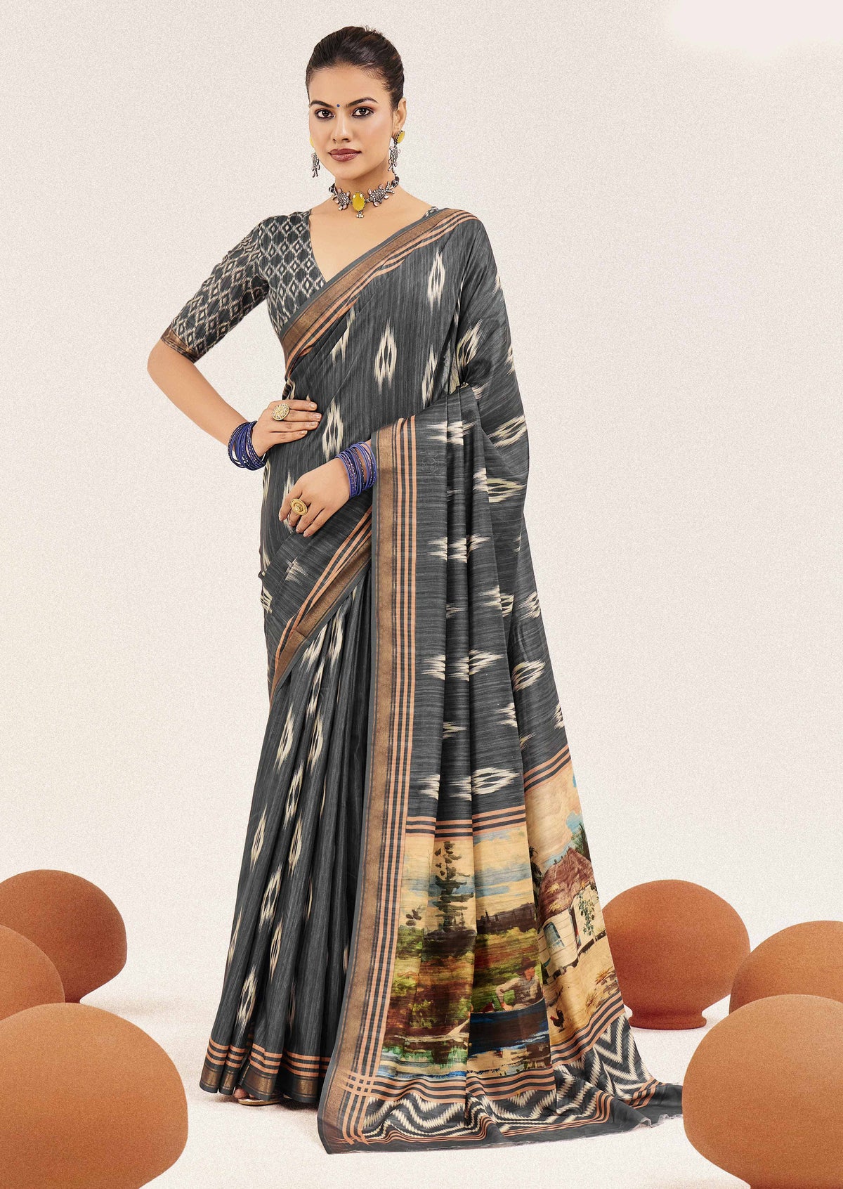 Urban Pallu Abstract Printed Silk Cotton Fusion Ikat Saree
