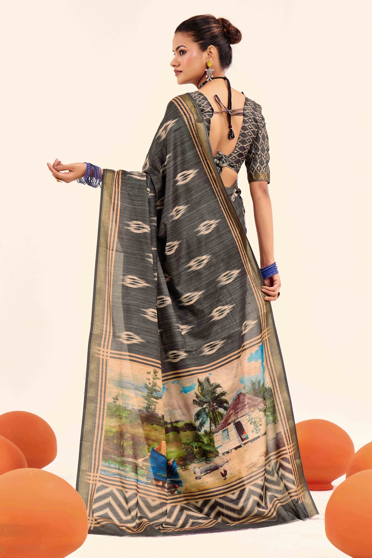 Urban Pallu Abstract Printed Silk Cotton Fusion Ikat Saree