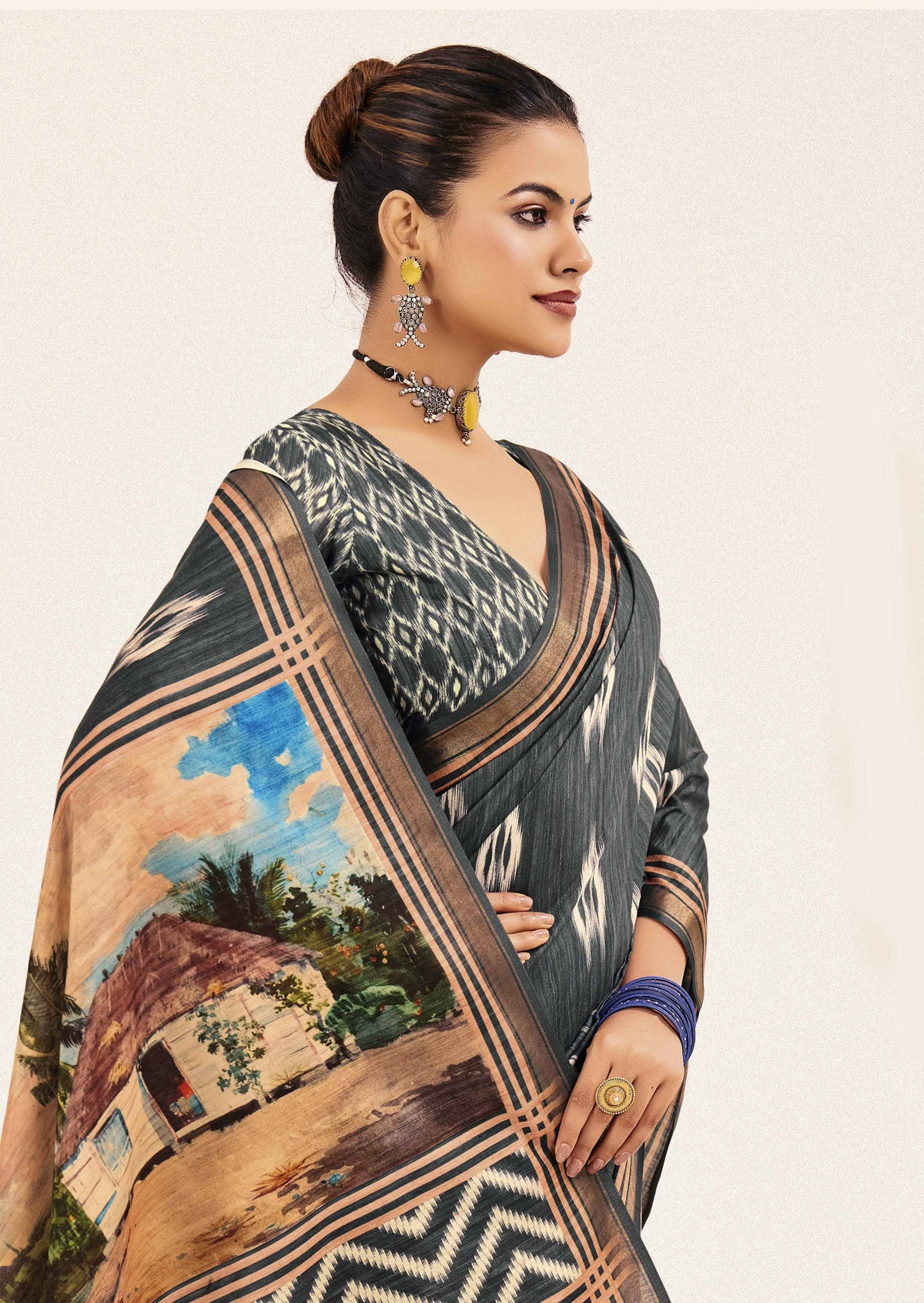 Urban Pallu Abstract Printed Silk Cotton Fusion Ikat Saree
