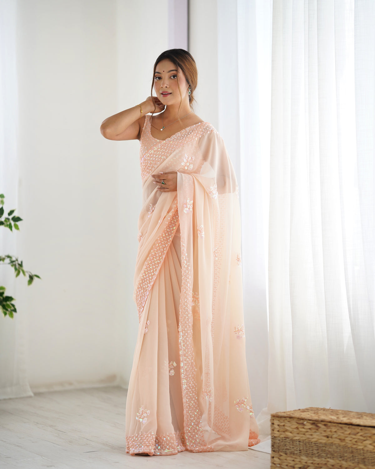 Urban Pallu Embroidered Poly Georgette Fusion Saree