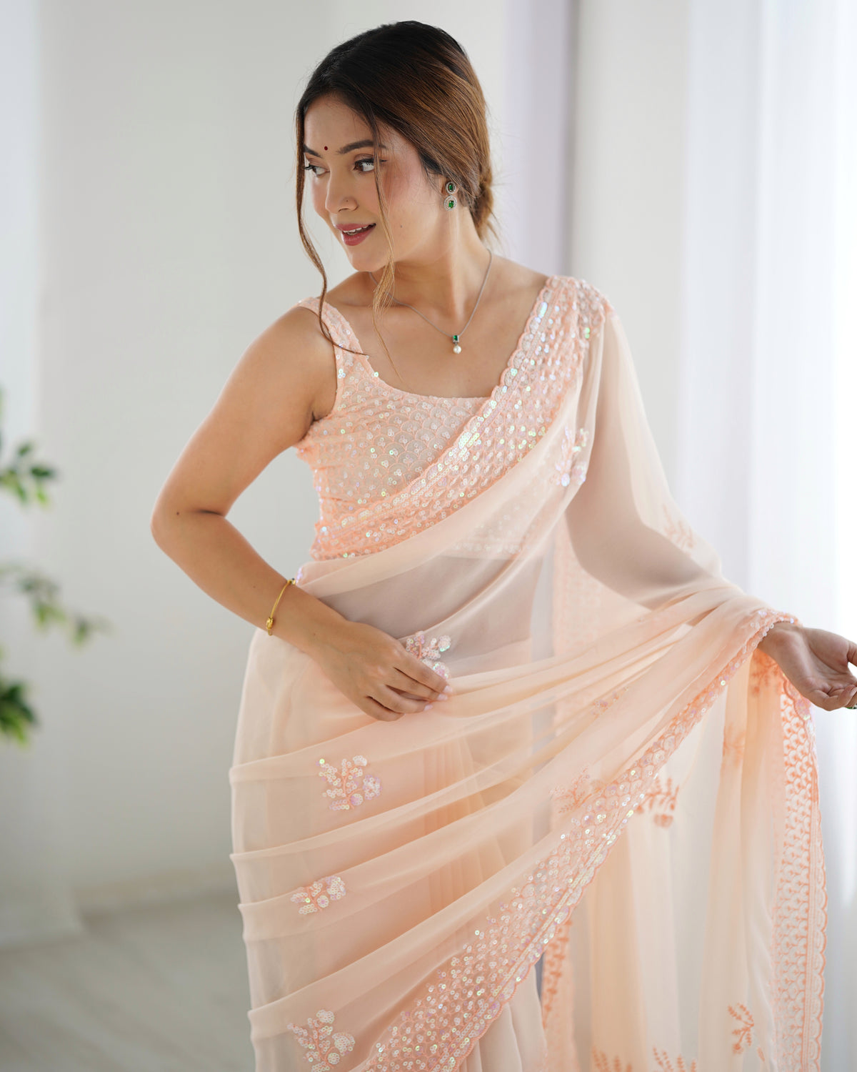 Urban Pallu Embroidered Poly Georgette Fusion Saree