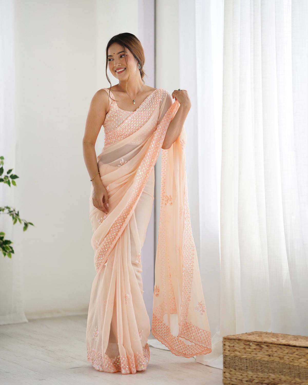 Urban Pallu Embroidered Poly Georgette Fusion Saree