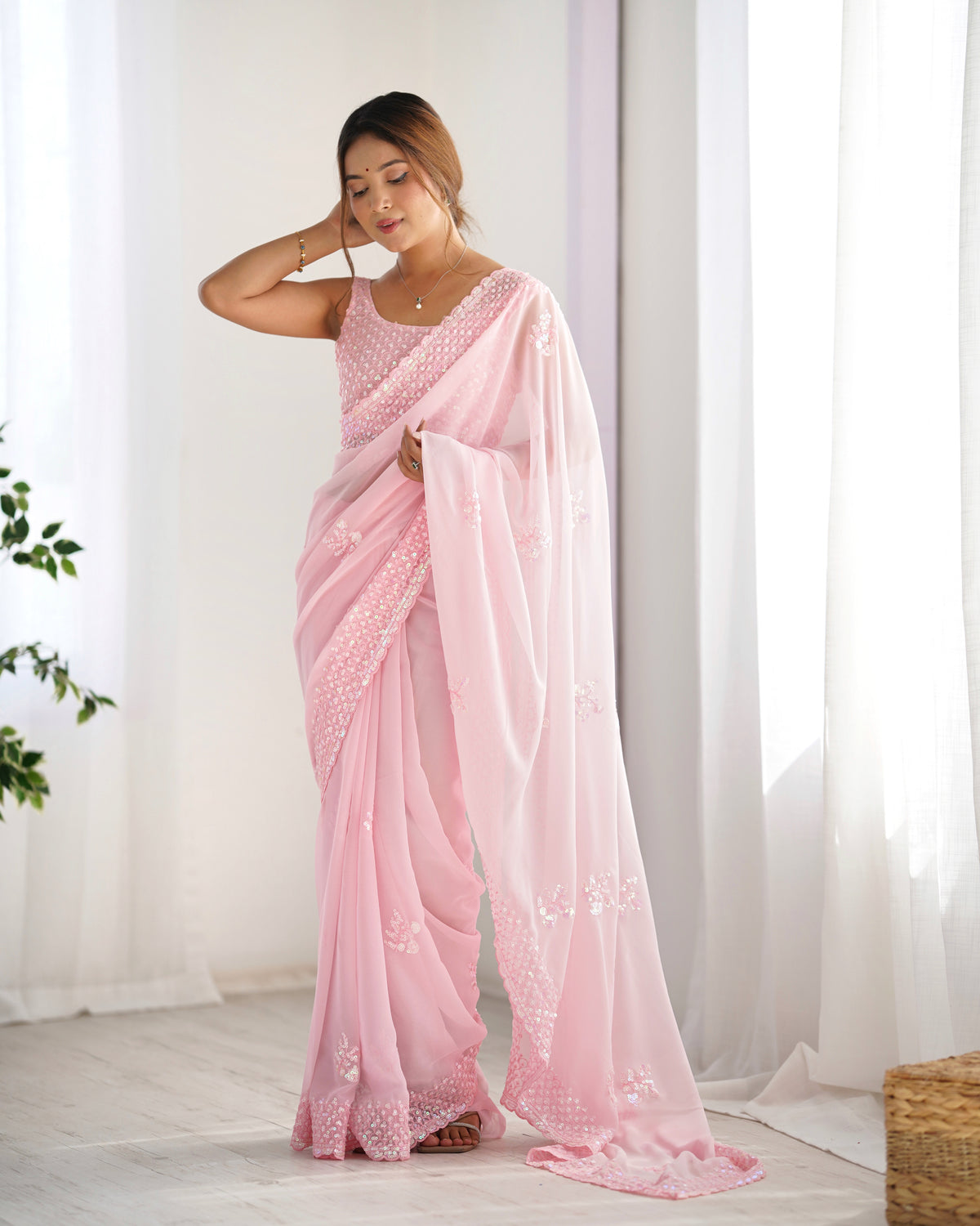 Urban Pallu Embroidered Poly Georgette Fusion Saree
